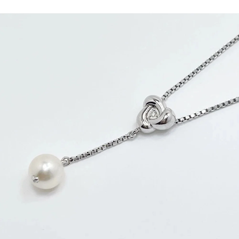 Tasaki Noevir Akoya Pearl & Diamond Lariat Pendant Necklace*Silver *15-16
